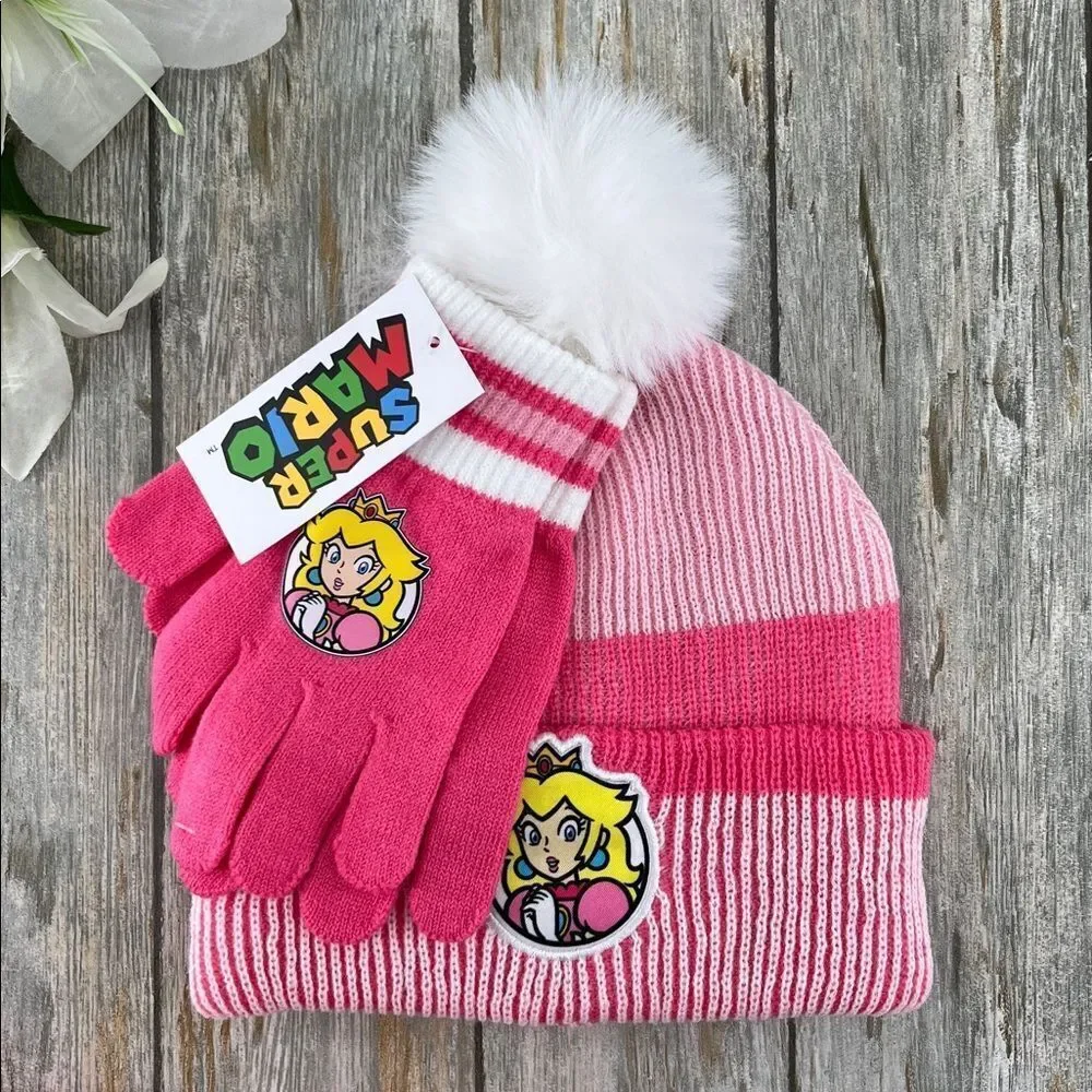 Girls Super Mario Princess Peach Pink Winter Hat and Gloves Set
